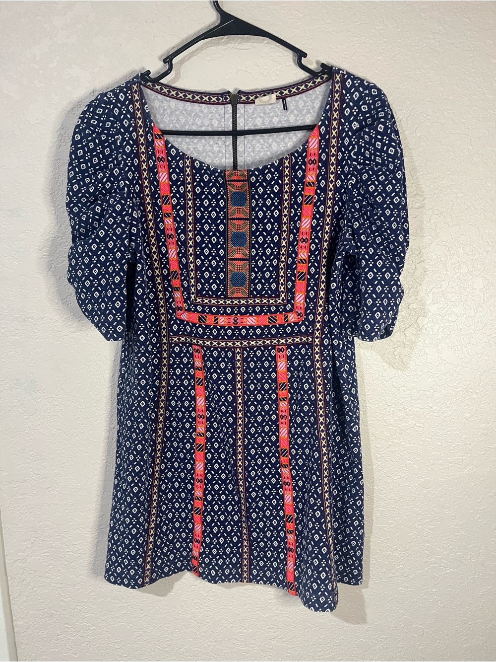 Anthropologie Akemi + Kin Navy Embroidered Mini Dress with Reddish Orange Accent